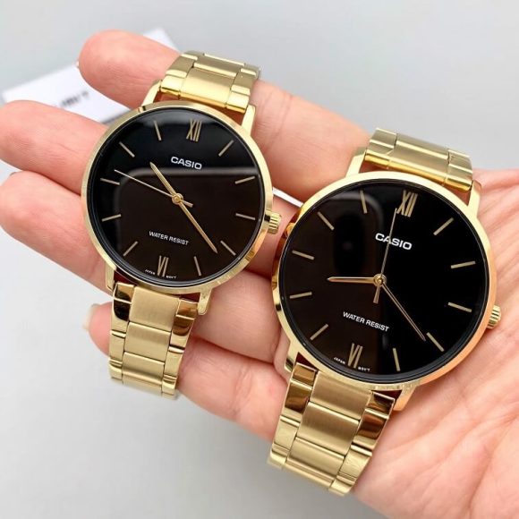 Couple Analog Classic Black Dial Gold Stainless Steel Strap Original Casual Watch-Ajmanshop