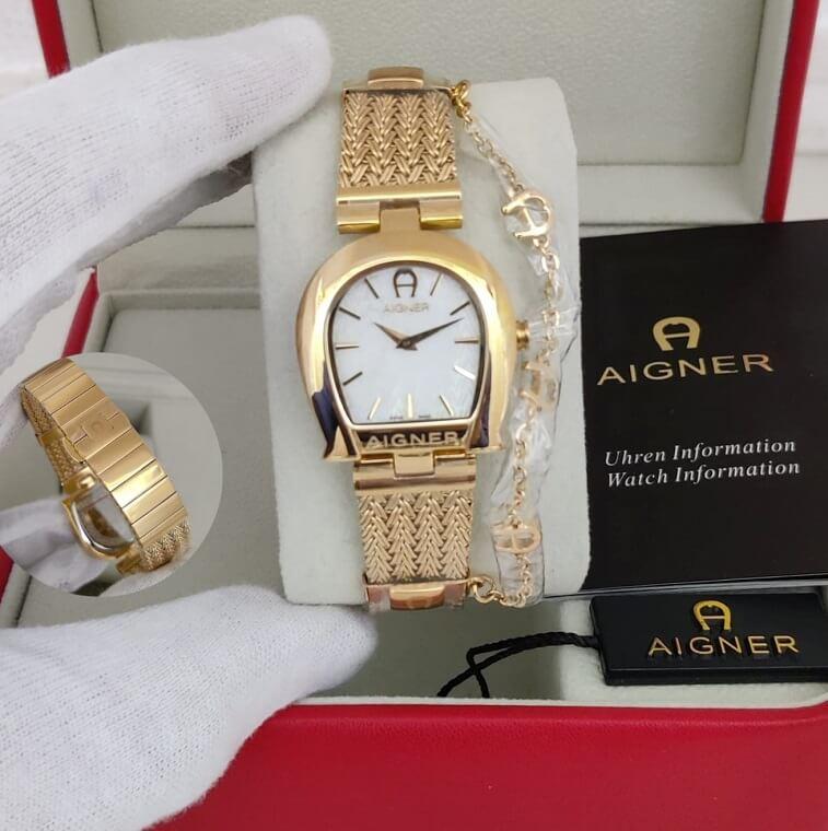 Aigner Ladies Two Tone Yellow Gold Bracelet White Mop Dial Watch for Women-Ajman S