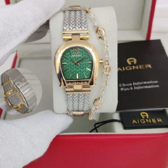 Aigner Ladies Two Tone Yellow Gold Bracelet White Mop Dial Watch for Women-Green-Ajman Shop