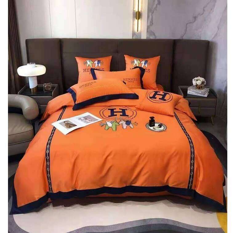 Hermes Cotton Bed Cover Set Orange,Blue- AjmanShop