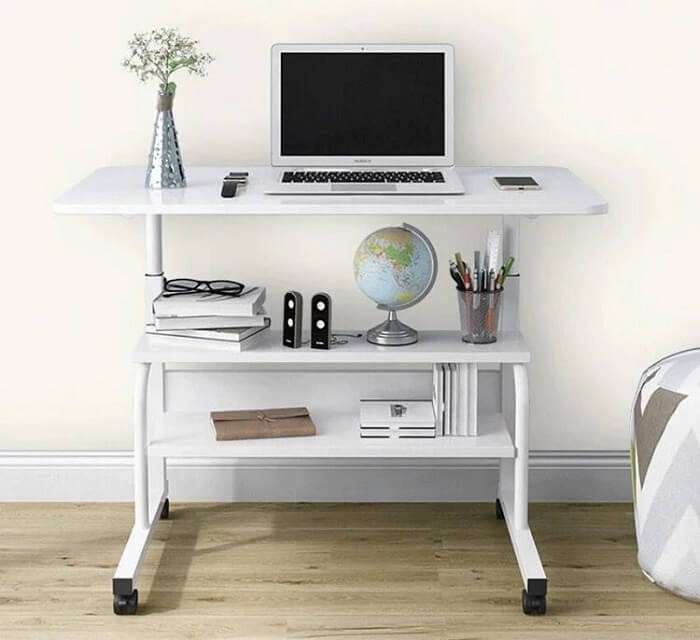 Mobile Laptop Desk Sit-Stand Table With Castors Height Adjustable For Sitting And Standing Laptop- White-Ajmanshopp