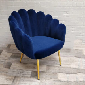 Blue Velvet Scalloped Occasional Chair With Metal Legs in Gold Finish Shell For Home 1