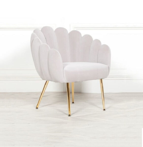White Velvet Scalloped Occasional Chair With Metal Legs in Gold Finish Shell For Home 1