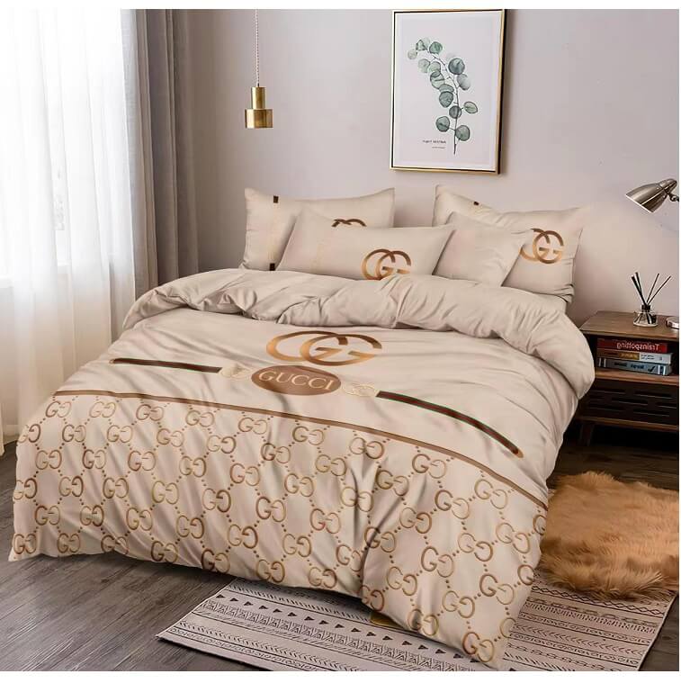Gucci Beige Bedsheet 6pcs Set Cotton Material- AjmanShop