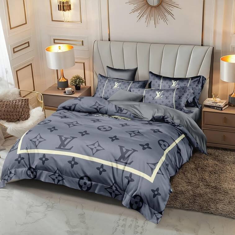 LV Grey Bedsheet 6pcs Set Cotton Material- AjmanShop