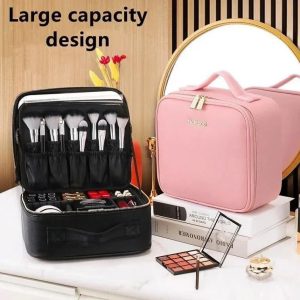 Buy Portable Makeup Bag with Mirror, Black- Pink - AjmanShop