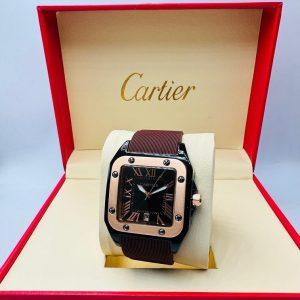 Cartier Leather Men Watch, Maroon-Gold - AjmanShop