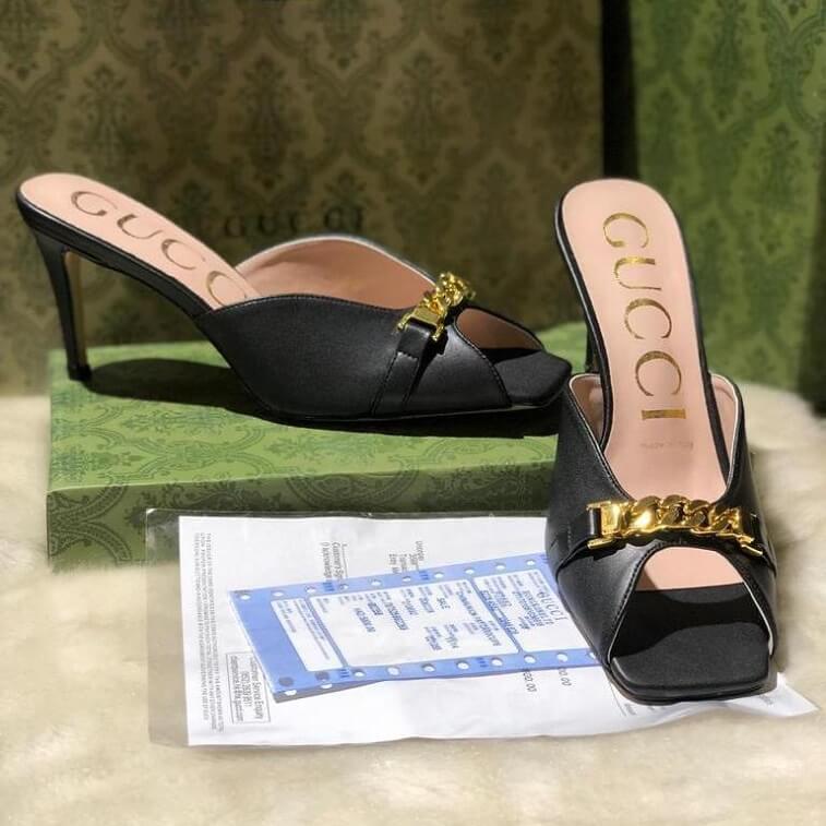 Gucci Chain Mules Embellished Leather Sandals - AjmanShop
