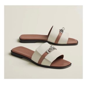Hermes Leather Slippers with Metal Buckle- AjmanShop