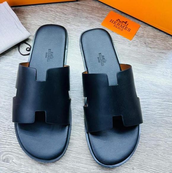 Hermes Mens Leather Sandal Full Black- AjmanShop