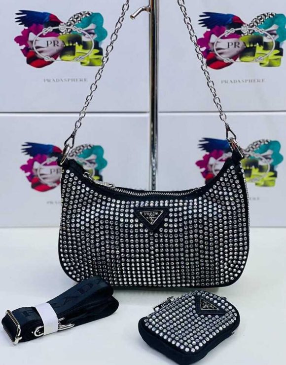 Prada Women Crystal Bag, High Copy Leather with Stone Bag For Ladies in Ajman Shop